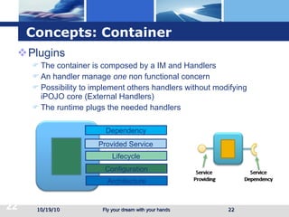Concepts: Container Plugins The container is composed by a IM and Handlers An handler manage  one  non functional concern Possibility to implement others handlers without modifying iPOJO core (External Handlers) The runtime plugs the needed handlers 10/19/10 Provided Service Lifecycle Configuration Architecture Dependency 