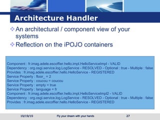 Architecture Handler  An architectural / component view of your systems  Reflection on the iPOJO containers  10/19/10 Component : fr.imag.adele.escoffier.hello.impl.HelloServiceImpl - VALID Dependency : org.osgi.service.log.LogService - RESOLVED - Optional : true - Multiple : false Provides : fr.imag.adele.escoffier.hello.HelloService - REGISTERED Service Property : floor_ = 2 Service Property : coucou = coucou Service Property : empty = true Service Property : language = fr Component : fr.imag.adele.escoffier.hello.impl.HelloServiceImpl2 - VALID Dependency : org.osgi.service.log.LogService - RESOLVED - Optional : true - Multiple : false Provides : fr.imag.adele.escoffier.hello.HelloService - REGISTERED  