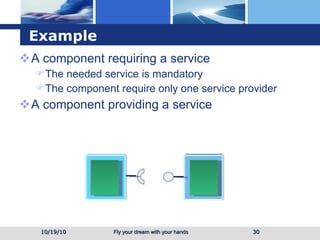 Example A component requiring a service The needed service is mandatory The component require only one service provider  A component providing a service 10/19/10 