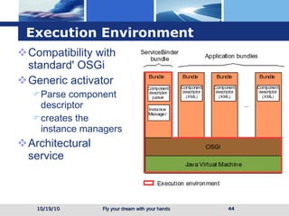 Execution Environment Compatibility with standard' OSGi  Generic activator Parse component descriptor  creates the instance managers Architectural service  10/19/10 