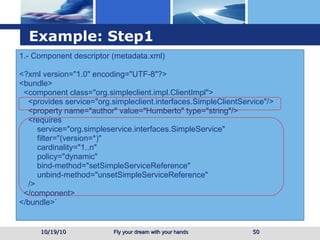 Example: Step1 1.- Component descriptor (metadata.xml) <?xml version="1.0" encoding="UTF-8"?> <bundle> <component class="org.simpleclient.impl.ClientImpl"> <provides service="org.simpleclient.interfaces.SimpleClientService"/> <property name="author" value="Humberto" type="string"/> <requires service="org.simpleservice.interfaces.SimpleService" filter="(version=*)" cardinality="1..n" policy="dynamic" bind-method="setSimpleServiceReference" unbind-method="unsetSimpleServiceReference" /> </component> </bundle>` 10/19/10 