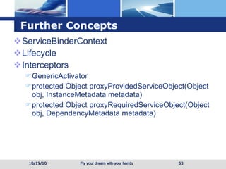 Further Concepts ServiceBinderContext  Lifecycle Interceptors  GenericActivator protected Object proxyProvidedServiceObject(Object obj, InstanceMetadata metadata) protected Object proxyRequiredServiceObject(Object obj, DependencyMetadata metadata) 10/19/10 