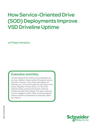 Executive summary
Variable Speed Drives (VSDs) have proliferated and
are now installed in large numbers throughout various
industries. However, since these technologies are
relatively new, not much thought has been given to the
proper integration of these drives, nor have their
potential energy savings and business continuity
entitlements been fully realized. This paper examines
how the intelligence within VSDs can be leveraged to
perform predictive maintenance so that plant uptime
can improve.
by Philippe Hampikian
998-2095-06-06-14AR0
 