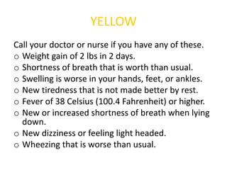 YELLOW
Call your doctor or nurse if you have any of these.
o Weight gain of 2 lbs in 2 days.
o Shortness of breath that is worth than usual.
o Swelling is worse in your hands, feet, or ankles.
o New tiredness that is not made better by rest.
o Fever of 38 Celsius (100.4 Fahrenheit) or higher.
o New or increased shortness of breath when lying
down.
o New dizziness or feeling light headed.
o Wheezing that is worse than usual.
 