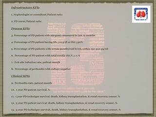 Infrastructure KPIs
1. Nephrologist or consultant/Patient ratio
2. PD nurse/Patient ratio
Process KPIs
3. Percentage of PD patient with adequacy measured in last 12 months
4. Percentage of PD patient having Hb >10 g/dl or Hct >30%
5. Percentage of PD patients with serum parathyroid levels within 150-500 pg/ml
6. Percentage of PD patient with total weekly (Kt/V > 1.7)
7. Exit-site infection rate, patient-month
8. Percentage of peritonitis with culture negative
Clinical KPIs
9. Peritonitis rate, patient-month
10. 1 year PD patient survival, %
11. 1 year PD technique survival, death, kidney transplantation, & renal recovery censor, %
12. 3 year PD patient survival, death, kidney transplantation, & renal recovery censor, %
13. 3 year PD technique survival, death, kidney transplantation, & renal recovery censor, %
 