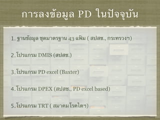 การลงข้อมูล PD ในปัจจุบัน
1. ฐานข้อมูล ชุดมาตรฐาน 43 แฟ้ม ( สปสช., กระทรวงฯ)
2.โปรแกรม DMIS (สปสช.)
3.โปรแกรม PD excel (Baxter)
4.โปรแกรม DPEX (สปสช., PD excel based)
5.โปรแกรม TRT ( สมาคมโรคไตฯ)
 