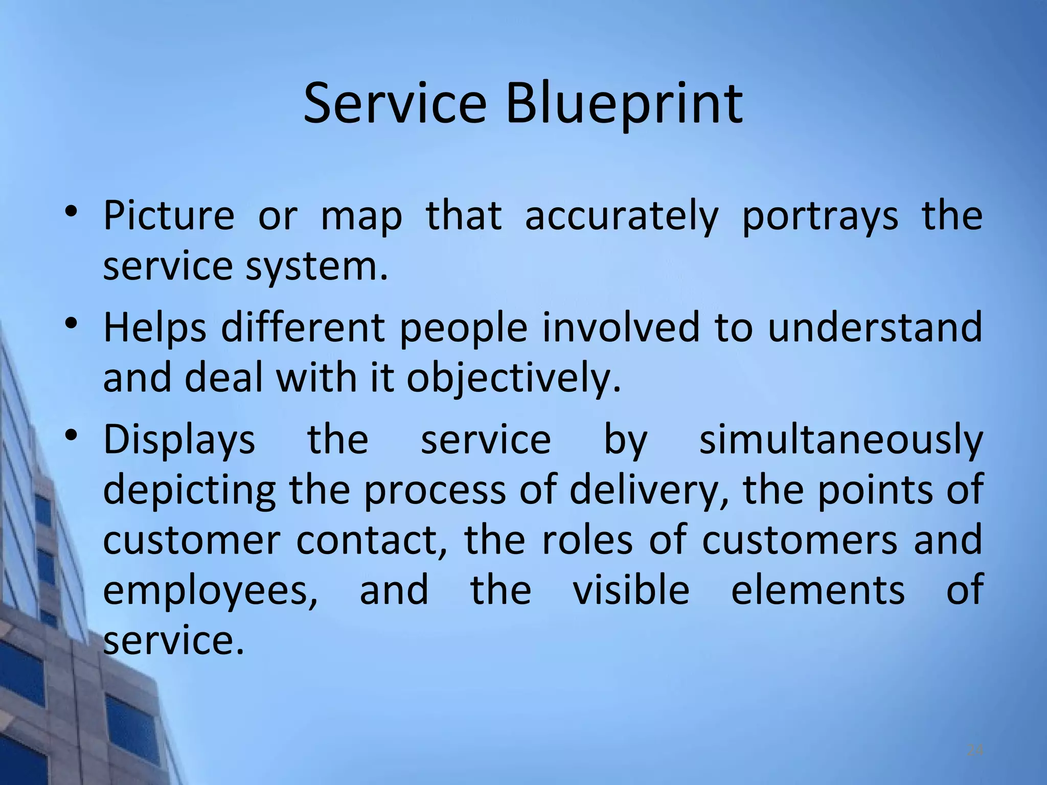 Service Blueprint Picture or map that accurately portrays the service system. Helps different people involved to understand and deal with it objectively. Displays the service by simultaneously depicting the process of delivery, the points of customer contact, the roles of customers and employees, and the visible elements of service. 