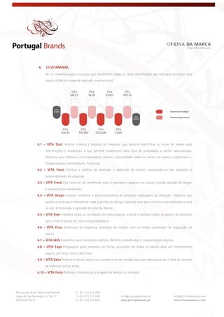  
 
 
4. 10 VITAMINAS
As 10 vitaminas para o sucesso que preenchem todas as fases identificadas por nós para construir uma
marca sólida no exigente mercado internacional.
4.1 - VITA Start Análise interna e externa da empresa, que permite identificar as áreas de relevo para
intervenções e mudanças, e que permite estabelecer uma lista de prioridades a serem solucionadas.
Vitamina que melhora o funcionamento interno, transmitindo todos os valores da marca e objectivos a:
Colaboradores, Fornecedores, Parceiros.
4.2 - VITA Focal Efectua a análise do mercado a detecção de nichos, associando-os aos produtos e
potencialidades da empresa.
4.3 - VITA Trend Cria matrizes de tendências para o mercado e produto em causa, criando solução de design
e comunicação adaptadas.
4.4 - VITA Design Análise, melhoria e desenvolvimento de produtos adequados ao mercado. Vitamina que
auxilia a empresa a determinar toda a gestão do design, fazendo com que a mesma seja realizada a uma
só voz, estruturada e aplicada em prol da Marca.
4.5 - VITA Com Trabalha todos os conteúdos de comunicação, analisa e melhora todos os pontos de contacto
que o cliente possa ter com a empresa/marca
4.6 - VITA Press Assessoria de Imprensa, aumento da relação com os media, acelerador de reputação da
marca.
4.7 - VITA Web Específica para conteúdos digitais, Website, plataformas e comunicações digitais.
4.8 - VITA Expo Preparação para presença em feiras, actuando em todos os passos para um investimento
seguro, pré feira, feira e pós feira.
4.9 - VITA Sales Prepara e educa toda a sua componente de vendas para que esta possa ser a face do sucesso
de todas as outras áreas.
4.10 - VITA Force Reforça e monitoriza a imagem da Marca no mercado.
 