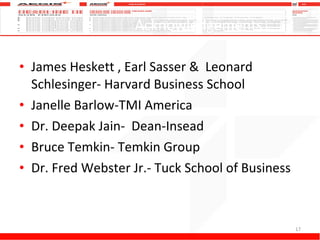 Acknowledgements James Heskett , Earl Sasser &  Leonard Schlesinger- Harvard Business School Janelle Barlow-TMI America  Dr. Deepak Jain-  Dean-Insead Bruce Temkin- Temkin Group Dr. Fred Webster Jr.- Tuck School of Business 