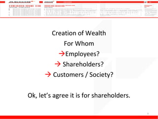 What is the objective of the business Creation of Wealth For Whom Employees? Shareholders? Customers / Society? Ok, let’s agree it is for shareholders. 