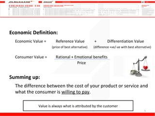 What is value? Economic Definition: Economic Value = Reference Value  +  Differentiation Value   (price of best alternative)  (difference +ve/-ve with best alternative) Consumer Value =  Rational + Emotional benefits   Price Summing up:  The difference between the cost of your product or service and what the consumer is  willing to pay . Value is always what is attributed by the customer 