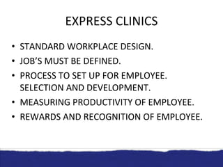 EXPRESS CLINICS STANDARD WORKPLACE DESIGN. JOB’S MUST BE DEFINED. PROCESS TO SET UP FOR EMPLOYEE. SELECTION AND DEVELOPMENT. MEASURING PRODUCTIVITY OF EMPLOYEE. REWARDS AND RECOGNITION OF EMPLOYEE. 