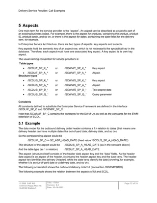 Delivery Service Provider: Call Examples
© 2009 SAP AG
Dietmar-Hopp-Allee 16
D-69190 Walldorf
Title: <Title>
Version: 0.3
Date: 05-18-2007
Page 12 of 24
5 Aspects
One main term for the service provider is the “aspect”. An aspect can be described as a specific part of
an existing business object. For example, there is the aspect for products, containing the product, product
ID, product batch, and so on, or there is the aspect for dates, containing the date fields for the delivery
item, for example.
In Enterprise Service Architecture, there are two types of aspects: key aspects and aspects.
Key aspects hold the semantic key of an aspect row, which is not necessarily the syntactical key in the
database. Therefore, each aspect must have one associated key aspect. A key aspect is its own key
aspect.
The usual naming convention for service providers is:
Table types
/SCDL/T_SP_K_* or /SCWM/T_SP_K_* Key aspect
/SCDL/T_SP_A_* or /SCWM/T_SP_A_* Aspect
Structure types
/SCDL/S_SP_K_* or /SCWM/S_SP_K_* Key aspect
/SCDL/S_SP_A_* or /SCWM/S_SP_A_* Aspect
/SCDL/S_SP_D_* or /SCWM/S_SP_D_* Text aspect data
/SCDL/S_SP_Q_* or /SCWM/S_SP_Q_* Query parameter
Constants
All constants defined to substitute the Enterprise Service Framework are defined in the interface
/SCDL/IF_SP_C and /SCWM/IF_SP_C.
Note that /SCWM/IF_SP_C contains the constants for the EWM UIs as well as the constants for the EWM
extension of SCDL.
5.1 Example
The data model for the outbound delivery order header contains a 1:n relation to dates (that means one
delivery header can have multiple dates like out-of-yard date, delivery date, and so on)
So the corresponding aspect would be
/SCDL/IF_SP_C=> SC_ASP_HEAD_DATE (fixed value „/SCDL/S_SP_A_HEAD_DATE')
The structure of the aspect would be /SCDL/S_SP_A_HEAD_DATE (as in the constant above)
And the table type (as 1:n relation) /SCDL/T_SP_A_HEAD_DATE
The aspect (structure) itself consists of the header date aspect key and the “data” fields. As the header
date aspect is an aspect of the header, it contains the header aspect key and the date keys. The header
aspect key identifies the delivery (header), while the date keys identify the date (showing, for example,
whether it is an out-of-yard date or a delivery date, and so on).
The following screenshot shows the outbound delivery order UI (transaction /SCWM/PRDO).
The following example shows the relation between the aspects of UI and SCDL.
 