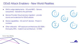DDoS Attack Enablers - New World Realities
● Shift to edge deployments - 5G and MEC - Servers
everywhere - farewell to the perimeter
● Service Provider Cloud services migration - provide
source and scale/size for DDoS attacks
● Device capabilities - 5G and IoT devices - Power in
numbers
● Other wildcards - API exposure architectures (5G SBA) -
third party APIs - implicit trust architecture - O-RAN
Source: Heavy Reading
 