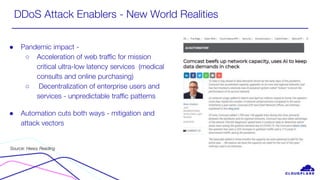 DDoS Attack Enablers - New World Realities
● Pandemic impact -
○ Acceleration of web traffic for mission
critical ultra-low latency services (medical
consults and online purchasing)
○ Decentralization of enterprise users and
services - unpredictable traffic patterns
● Automation cuts both ways - mitigation and
attack vectors
Source: Heavy Reading
 