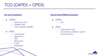 TCO (CAPEX + OPEX)
On-prem hardware
● CAPEX
○ Upfront box costs
○ Installation fees
○ Future upgrade/ scalability
● OPEX
○ Licensing fees
○ Maintenance
○ NRE
○ Rent/ power
○ IT Staff
○ Depreciation
Cloud-based DDoS protection
● CAPEX
○ Zero
● OPEX
○ Usage-based model
○ Zero licensing, installation, support,
maintenance fees
 