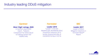 Industry leading DDoS mitigation
Most ‘High’ ratings, 2020
In Gartner’s April 2020
report, “Solution
Comparison for DDoS Cloud
Scrubbing Centers” (ID
G00467346)
Leader 2017
Leader of DDoS
Mitigation Solutions in
Forrester Wave™
Report
Leader 2019
"Leader" in the IDC
MarketScape: Worldwide DDoS
Prevention Solutions 2019
Vendor Assessment (doc #
US43699318, March 2019)
Gartner Forrester IDC
 