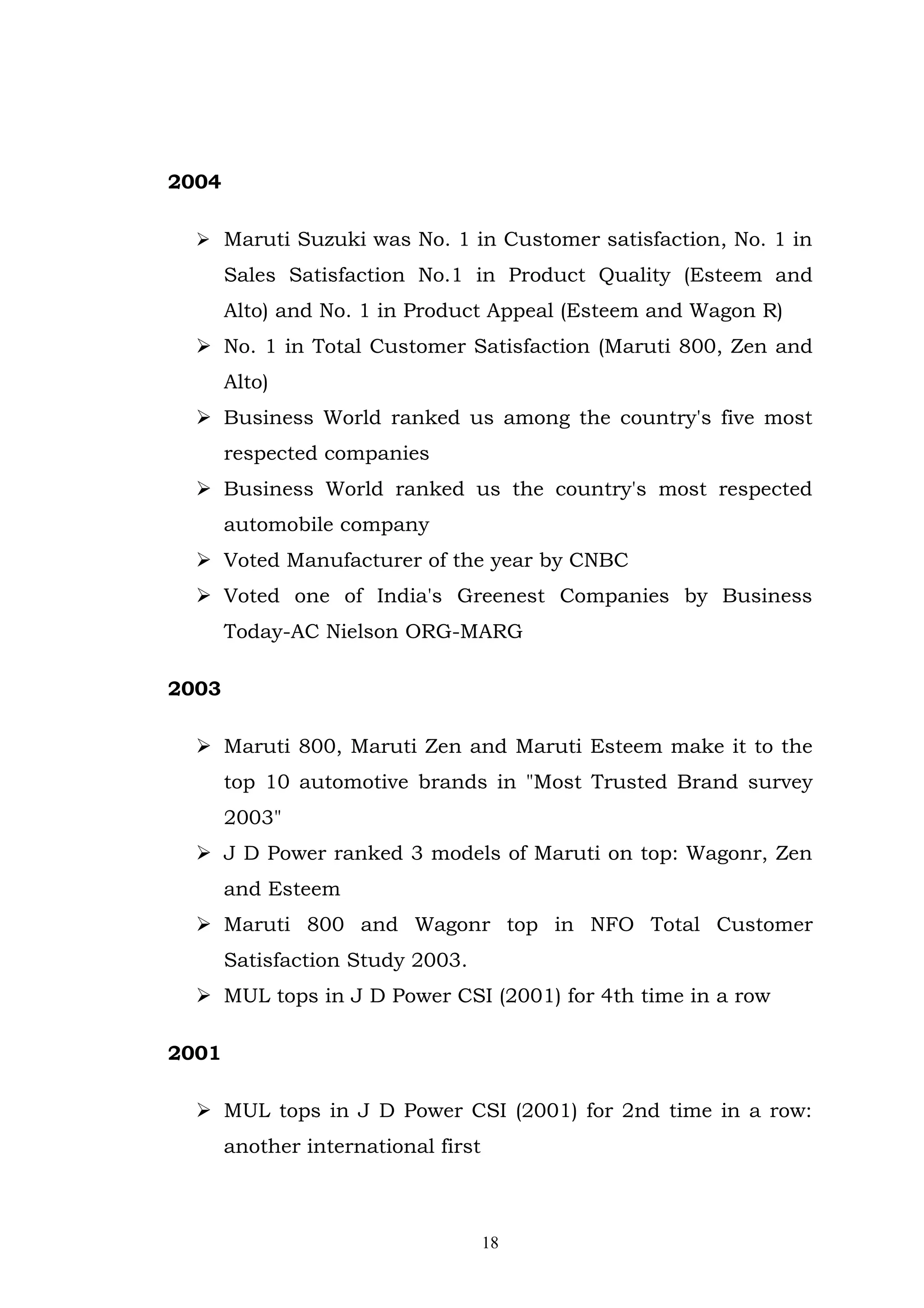 2004

   Maruti Suzuki was No. 1 in Customer satisfaction, No. 1 in
       Sales Satisfaction No.1 in Product Quality (Esteem and
       Alto) and No. 1 in Product Appeal (Esteem and Wagon R)
   No. 1 in Total Customer Satisfaction (Maruti 800, Zen and
       Alto)
   Business World ranked us among the country's five most
       respected companies
   Business World ranked us the country's most respected
       automobile company
   Voted Manufacturer of the year by CNBC
   Voted one of India's Greenest Companies by Business
       Today-AC Nielson ORG-MARG

2003

   Maruti 800, Maruti Zen and Maruti Esteem make it to the
       top 10 automotive brands in "Most Trusted Brand survey
       2003"
   J D Power ranked 3 models of Maruti on top: Wagonr, Zen
       and Esteem
   Maruti 800 and Wagonr top in NFO Total Customer
       Satisfaction Study 2003.
   MUL tops in J D Power CSI (2001) for 4th time in a row

2001

   MUL tops in J D Power CSI (2001) for 2nd time in a row:
       another international first



                                     18
 