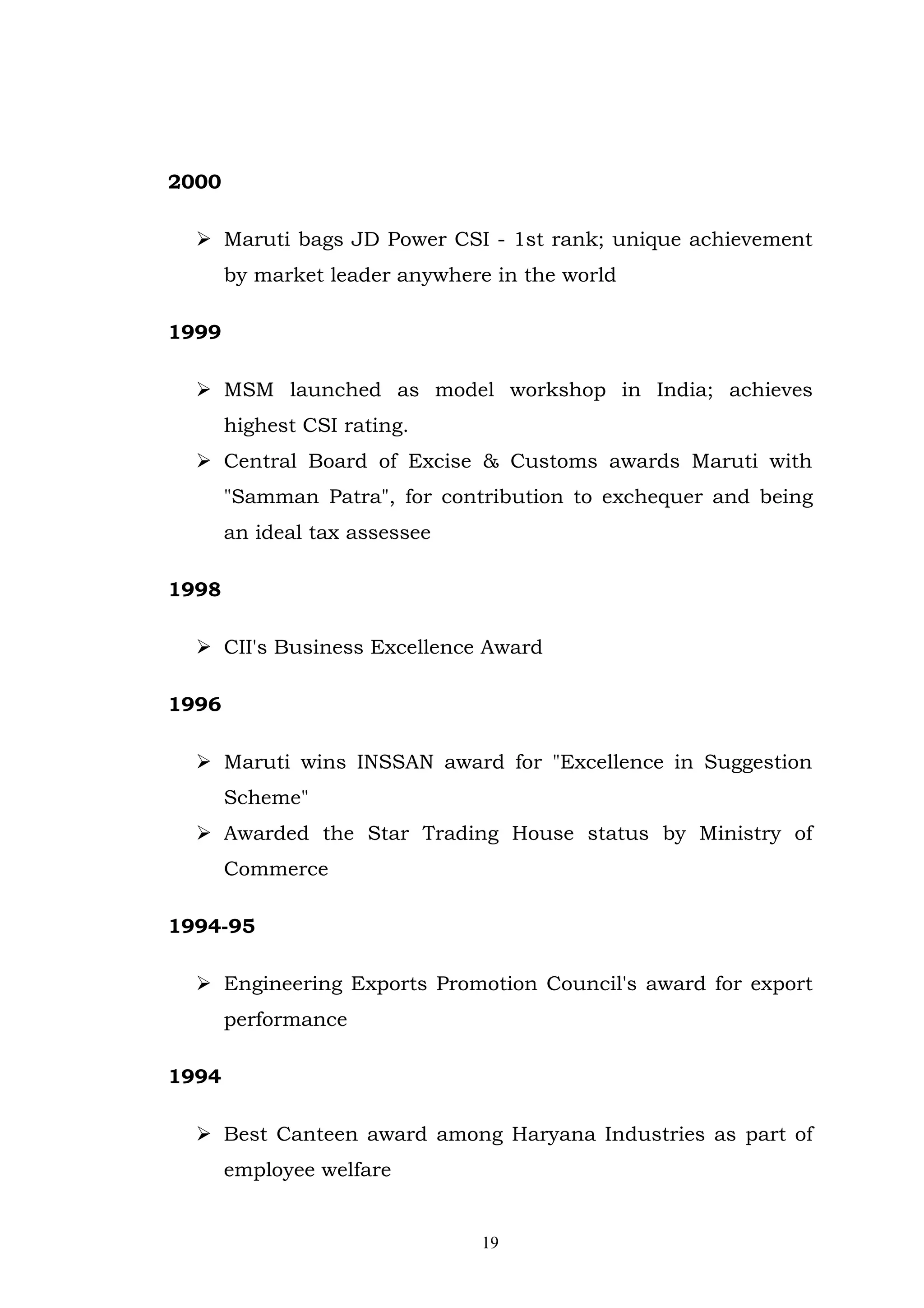 2000

   Maruti bags JD Power CSI - 1st rank; unique achievement
       by market leader anywhere in the world

1999

   MSM launched as model workshop in India; achieves
       highest CSI rating.
   Central Board of Excise & Customs awards Maruti with
       "Samman Patra", for contribution to exchequer and being
       an ideal tax assessee

1998

   CII's Business Excellence Award

1996

   Maruti wins INSSAN award for "Excellence in Suggestion
       Scheme"
   Awarded the Star Trading House status by Ministry of
       Commerce

1994-95

   Engineering Exports Promotion Council's award for export
       performance

1994

   Best Canteen award among Haryana Industries as part of
       employee welfare


                               19
 