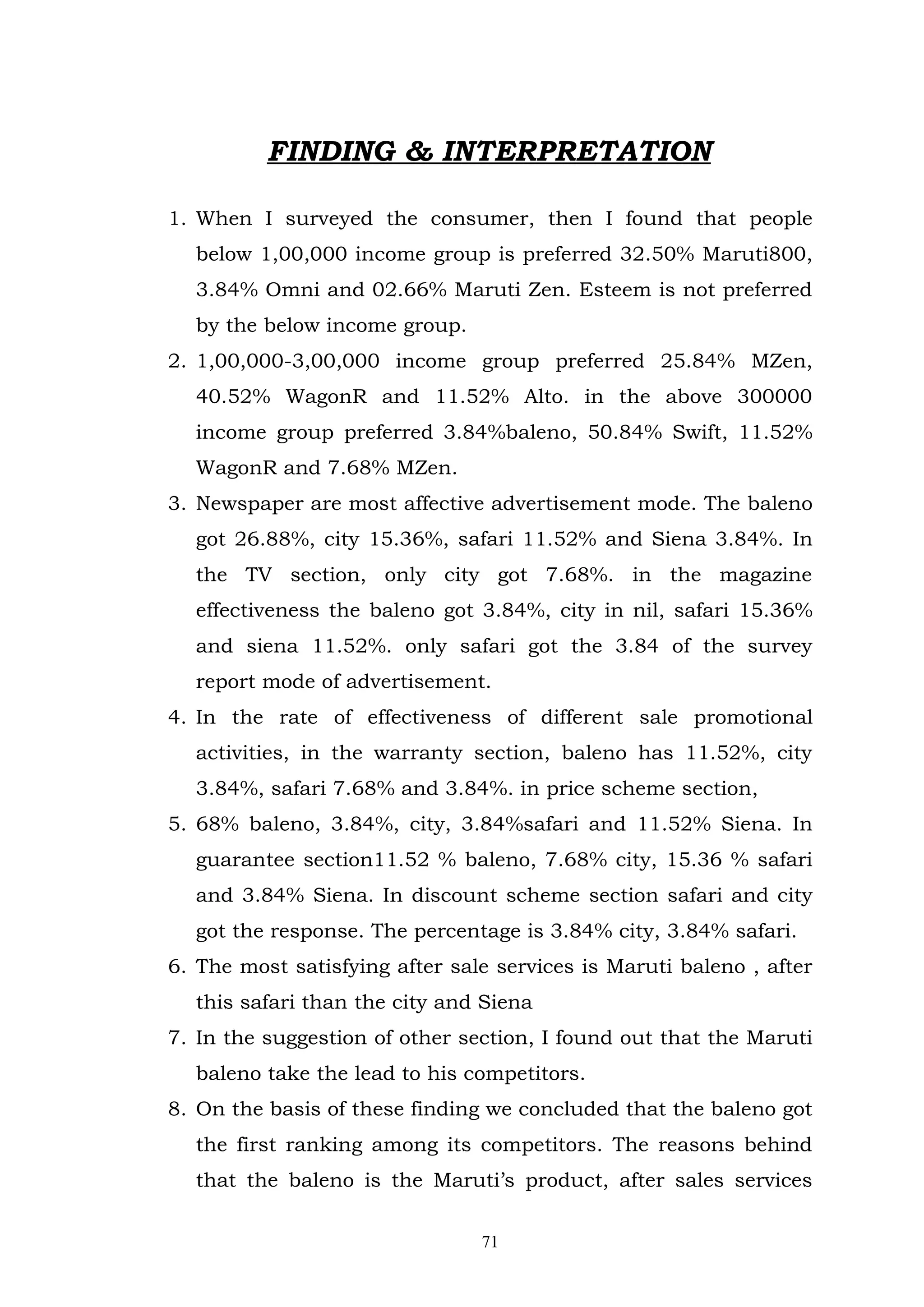 FINDING & INTERPRETATION

1. When I surveyed the consumer, then I found that people
  below 1,00,000 income group is preferred 32.50% Maruti800,
  3.84% Omni and 02.66% Maruti Zen. Esteem is not preferred
  by the below income group.
2. 1,00,000-3,00,000 income group preferred 25.84% MZen,
  40.52% WagonR and 11.52% Alto. in the above 300000
  income group preferred 3.84%baleno, 50.84% Swift, 11.52%
  WagonR and 7.68% MZen.
3. Newspaper are most affective advertisement mode. The baleno
  got 26.88%, city 15.36%, safari 11.52% and Siena 3.84%. In
  the TV section, only city got 7.68%. in the magazine
  effectiveness the baleno got 3.84%, city in nil, safari 15.36%
  and siena 11.52%. only safari got the 3.84 of the survey
  report mode of advertisement.
4. In the rate of effectiveness of different sale promotional
  activities, in the warranty section, baleno has 11.52%, city
  3.84%, safari 7.68% and 3.84%. in price scheme section,
5. 68% baleno, 3.84%, city, 3.84%safari and 11.52% Siena. In
  guarantee section11.52 % baleno, 7.68% city, 15.36 % safari
  and 3.84% Siena. In discount scheme section safari and city
  got the response. The percentage is 3.84% city, 3.84% safari.
6. The most satisfying after sale services is Maruti baleno , after
  this safari than the city and Siena
7. In the suggestion of other section, I found out that the Maruti
  baleno take the lead to his competitors.
8. On the basis of these finding we concluded that the baleno got
  the first ranking among its competitors. The reasons behind
  that the baleno is the Maruti’s product, after sales services


                                71
 