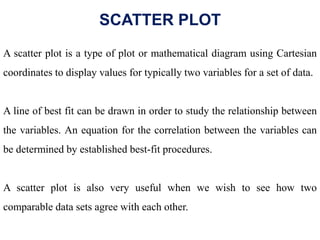 SCATTER PLOT
A scatter plot is a type of plot or mathematical diagram using Cartesian
coordinates to display values for ty...