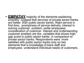 • EMPATHY-majority of the elements explaining
empathy suggest that services of private sector banks
are better than public sector banks. Right service in
first time, promptness of service delivery, interest in
solving customer problem, polite employees,
consideration of customer interest and understanding
customer problem are the variables that shows high
gap score in public sector banks in comparison to
private sector banks. Respondents were more
satisfied with public sector banks only on two
elements that is knowledge of bank staff and
employees understand individual needs of customers.
 