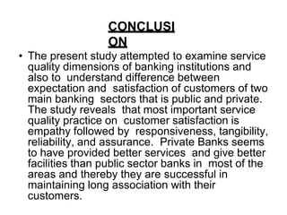 CONCLUSI
ON
• The present study attempted to examine service
quality dimensions of banking institutions and
also to understand difference between
expectation and satisfaction of customers of two
main banking sectors that is public and private.
The study reveals that most important service
quality practice on customer satisfaction is
empathy followed by responsiveness, tangibility,
reliability, and assurance. Private Banks seems
to have provided better services and give better
facilities than public sector banks in most of the
areas and thereby they are successful in
maintaining long association with their
customers.
 