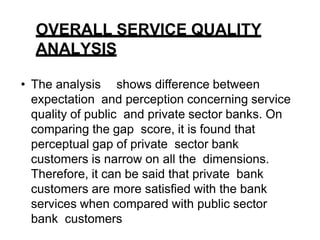 OVERALL SERVICE QUALITY
ANALYSIS
• The analysis shows difference between
expectation and perception concerning service
quality of public and private sector banks. On
comparing the gap score, it is found that
perceptual gap of private sector bank
customers is narrow on all the dimensions.
Therefore, it can be said that private bank
customers are more satisfied with the bank
services when compared with public sector
bank customers
 
