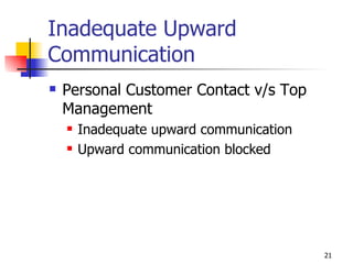 Inadequate Upward Communication Personal Customer Contact v/s Top Management Inadequate upward communication Upward communication blocked 