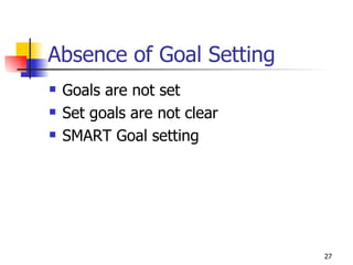 Absence of Goal Setting Goals are not set Set goals are not clear SMART Goal setting 