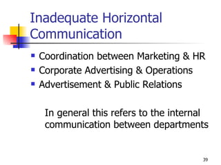 Inadequate Horizontal Communication Coordination between Marketing & HR Corporate Advertising & Operations Advertisement & Public Relations In general this refers to the internal communication between departments 