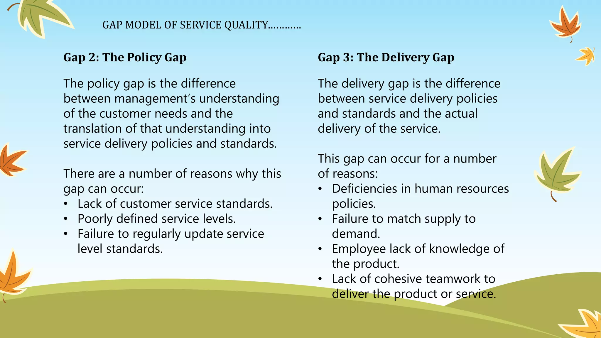 Gap 2: The Policy Gap
The policy gap is the difference
between management’s understanding
of the customer needs and the
translation of that understanding into
service delivery policies and standards.
There are a number of reasons why this
gap can occur:
• Lack of customer service standards.
• Poorly defined service levels.
• Failure to regularly update service
level standards.
Gap 3: The Delivery Gap
The delivery gap is the difference
between service delivery policies
and standards and the actual
delivery of the service.
This gap can occur for a number
of reasons:
• Deficiencies in human resources
policies.
• Failure to match supply to
demand.
• Employee lack of knowledge of
the product.
• Lack of cohesive teamwork to
deliver the product or service.
GAP MODEL OF SERVICE QUALITY…………
 