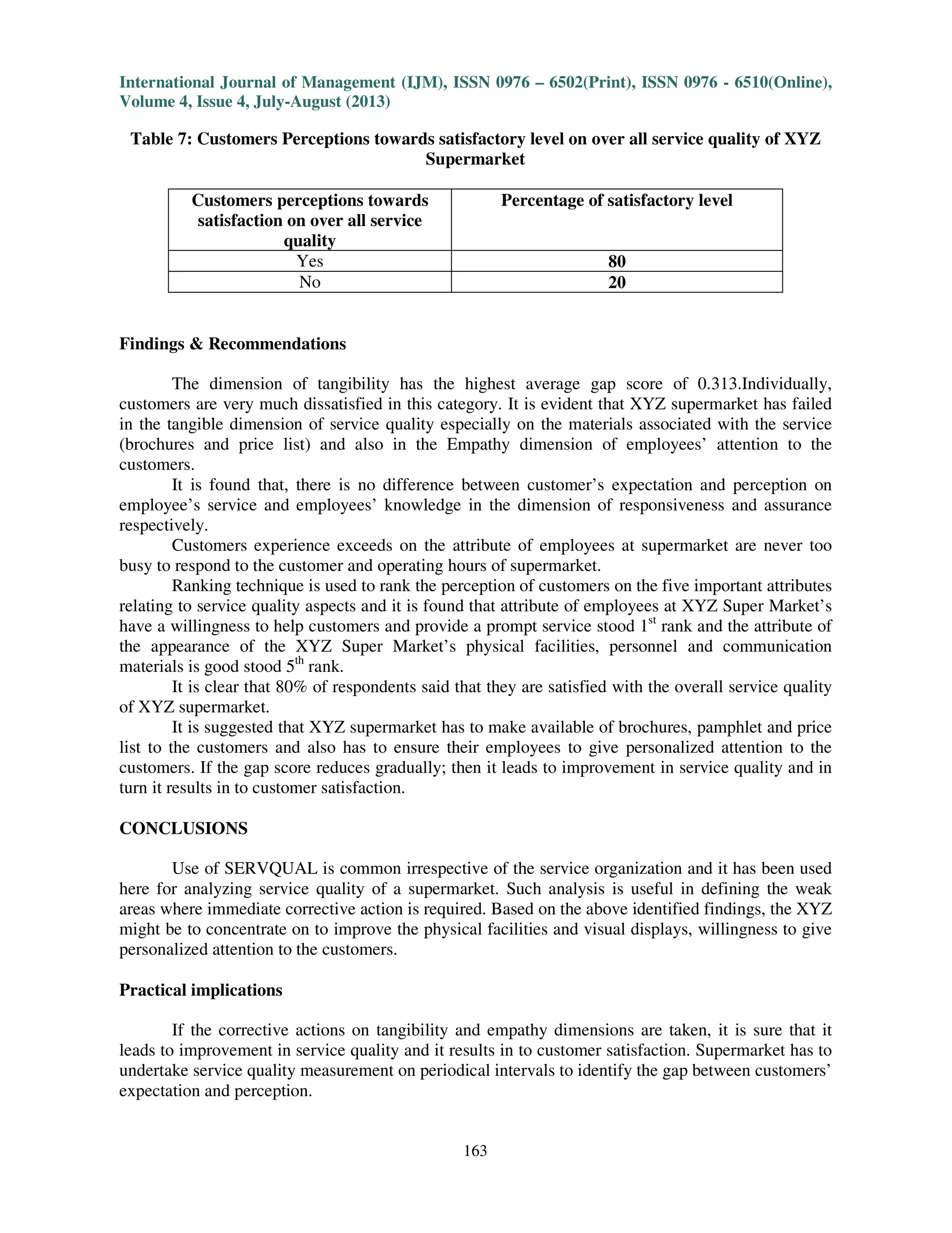 International Journal of Management (IJM), ISSN 0976 – 6502(Print), ISSN 0976 - 6510(Online),
Volume 4, Issue 4, July-August (2013)
163
Table 7: Customers Perceptions towards satisfactory level on over all service quality of XYZ
Supermarket
Customers perceptions towards
satisfaction on over all service
quality
Percentage of satisfactory level
Yes 80
No 20
Findings & Recommendations
The dimension of tangibility has the highest average gap score of 0.313.Individually,
customers are very much dissatisfied in this category. It is evident that XYZ supermarket has failed
in the tangible dimension of service quality especially on the materials associated with the service
(brochures and price list) and also in the Empathy dimension of employees’ attention to the
customers.
It is found that, there is no difference between customer’s expectation and perception on
employee’s service and employees’ knowledge in the dimension of responsiveness and assurance
respectively.
Customers experience exceeds on the attribute of employees at supermarket are never too
busy to respond to the customer and operating hours of supermarket.
Ranking technique is used to rank the perception of customers on the five important attributes
relating to service quality aspects and it is found that attribute of employees at XYZ Super Market’s
have a willingness to help customers and provide a prompt service stood 1st
rank and the attribute of
the appearance of the XYZ Super Market’s physical facilities, personnel and communication
materials is good stood 5th
rank.
It is clear that 80% of respondents said that they are satisfied with the overall service quality
of XYZ supermarket.
It is suggested that XYZ supermarket has to make available of brochures, pamphlet and price
list to the customers and also has to ensure their employees to give personalized attention to the
customers. If the gap score reduces gradually; then it leads to improvement in service quality and in
turn it results in to customer satisfaction.
CONCLUSIONS
Use of SERVQUAL is common irrespective of the service organization and it has been used
here for analyzing service quality of a supermarket. Such analysis is useful in defining the weak
areas where immediate corrective action is required. Based on the above identified findings, the XYZ
might be to concentrate on to improve the physical facilities and visual displays, willingness to give
personalized attention to the customers.
Practical implications
If the corrective actions on tangibility and empathy dimensions are taken, it is sure that it
leads to improvement in service quality and it results in to customer satisfaction. Supermarket has to
undertake service quality measurement on periodical intervals to identify the gap between customers’
expectation and perception.
 