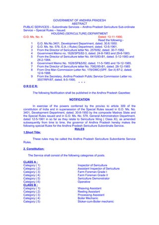 GOVERNMENT OF ANDHRA PRADESH
ABSTRACT
PUBLIC SERVICES – Subordinate Services – Andhra Pradesh Sericulture Sub-ordinate
Service – Special Rules – Issued.
HOUSING (SERICULTURE) DEPARTMENT
G.O. Ms. No. 4. Dated: 13-11-1990.
Read the following:-
1 G.O. Ms.No.3401, Development Department, dated. 30.8.1950.
2 G.O. Ms. No. 578, G.A. ( Rules) Department, dated. 12-5-1961.
3 From the Director of Sericulture letter No. 2578/82, dated. 30-7-1982.
4 Government Memo no. 1628/SPS/82-3, dated. 24-8-1983 and 29-8-1983.
5 From the Director of Sericulture letter No. 6415/83-B1, dated. 5-12-1983 and
24-2-1984.
6 Government Memo No. 1628/SP&S/82, dated. 11-5-1985 and 19-12-1985.
7 From the Director of Sericulture letter No. 7082/85-B1, dated. 28-12-1985
8 From One Man Commission Letter No. 178/OMC/(SPF. Ser.II) 87-2, dated.
12-9-1988.
9 From the Secretary, Andhra Pradesh Public Service Commission Letter no.
3557/RPI/87, dated. 8-5-1990.
* * *
O R D E R:
The following Notification shall be published in the Andhra Pradesh Gazettee:
NOTIFICATION
In exercise of the powers conferred by the proviso to article 309 of the
constitution of India and in supersession of the Special Rules issued in G.O. Ms. No.
3401, Development Department, dated. 30-8-1950 by the composite Madras State and
the Special Rules issued and in G.O. Ms. No. 578, General Administration Department,
dated 12-5-1961 in so far as they relate to Sericulture Wing ( Class XI), as amended
subsequently from time to time, the governor of Andhra Pradesh hereby makes the
following special Rules for the Andhra Pradesh Sericulture Subordinate Service.
RULES
1.Short Title:
These rules may be called the Andhra Pradesh Sericulture Subordiante Service
Rules.
2. Constitution:
The Service shall consist of the following categories of posts.
CLASS A :
Category ( 1) Inspector of Sericulture
Category ( 2) Assistant Inspector of Sericulture
Category ( 3) Farm Foreman Grade I
Category ( 4) Farm Foreman Grade II
Category ( 5) Sericulture Demonstrator
Category ( 6) Operative
CLASS B :
Category ( 1) Weaving Assistant
Category ( 2) Reeling Assistant
Category ( 3) Processing Assistant
Category ( 4) Boiler Mechanic
Category ( 5) Stoker-cum-Boiler mechanic
 