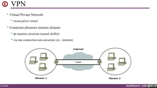 VPN
• Virtual Private Network


réseau privé virtuel

• Connecter plusieurs réseaux distants



Linux

de manière sécurisée (tunnel chiffré)
via une connection non-sécurisée (ex : internet)

noelmace.com

 