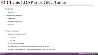 Clients LDAP sous GNU/Linux
• Recherche


ldapsearch

• Manipulation des entrée


ldappasswd



ldapadd & ldapmodify



ldapdelete

• Options communes


obsolètes (remplacées par -H)
•

-h : hôte

•

-p : port




-D binddn : DN de l'utilisateur permettant la connexion au serveur



Linux

-H : URI du serveur LDAP

-w passwd : mot de passe de l'utilisateur permettant la connexion au serveur

noelmace.com

 