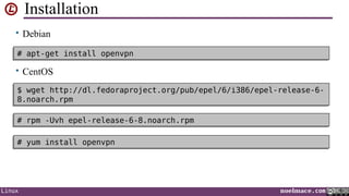 Installation
• Debian
# apt-get install openvpn
# apt-get install openvpn

• CentOS
$ wget http://dl.fedoraproject.org/pub/epel/6/i386/epel-release-6$ wget http://dl.fedoraproject.org/pub/epel/6/i386/epel-release-68.noarch.rpm
8.noarch.rpm
# rpm -Uvh epel-release-6-8.noarch.rpm
# rpm -Uvh epel-release-6-8.noarch.rpm
# yum install openvpn
# yum install openvpn

Linux

noelmace.com

 