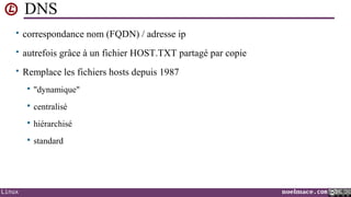 DNS
• correspondance nom (FQDN) / adresse ip
• autrefois grâce à un fichier HOST.TXT partagé par copie
• Remplace les fichiers hosts depuis 1987



centralisé



hiérarchisé



Linux

"dynamique"

standard

noelmace.com

 