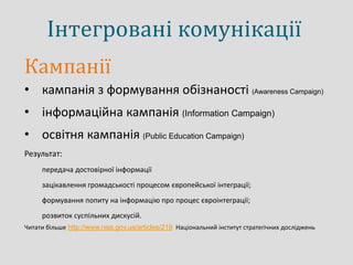 Інтегровані комунікації
Кампанії
• кампанія з формування обізнаності (Awareness Campaign)
• інформаційна кампанія (Information Campaign)
• освітня кампанія (Public Education Campaign)
Результат:
передача достовірної інформації
зацікавлення громадськості процесом європейської інтеграції;
формування попиту на інформацію про процес євроінтеграції;
розвиток суспільних дискусій.
Читати більше http://www.niss.gov.ua/articles/219 Національний інститут стратегічних досліджень
 
