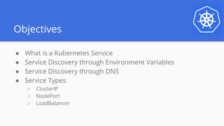 Objectives
● What is a Kubernetes Service
● Service Discovery through Environment Variables
● Service Discovery through DNS
● Service Types
○ ClusterIP
○ NodePort
○ LoadBalancer
 