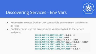 Discovering Services - Env Vars
● Kubernetes creates Docker Link compatible environment variables in
all Pods
● Containers can use the environment variable to talk to the service
endpoint
 