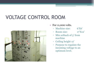 VOLTAGE CONTROL ROOM
• For 11,000 volts.
▫ Machine size: 6’X6’
▫ Room size: 17’X12’
▫ Min setback of 3’ from
machine
▫ Ceiling height 12’
▫ Purpose to regulate the
incoming voltage to an
optimum level.
 