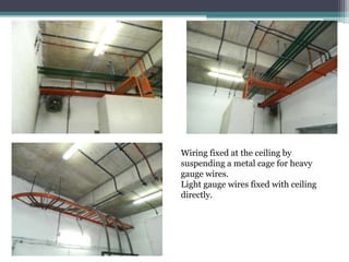 Wiring fixed at the ceiling by
suspending a metal cage for heavy
gauge wires.
Light gauge wires fixed with ceiling
directly.
 
