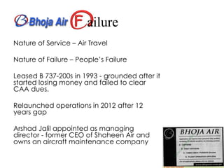 ailure
Nature of Service – Air Travel
Nature of Failure – People’s Failure
Leased B 737-200s in 1993 - grounded after it
started losing money and failed to clear
CAA dues.
Relaunched operations in 2012 after 12
years gap
Arshad Jalil appointed as managing
director - former CEO of Shaheen Air and
owns an aircraft maintenance company
 