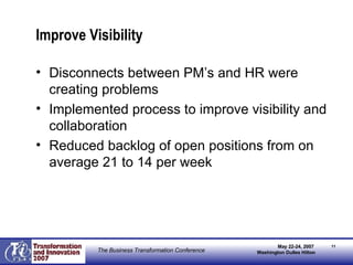 Improve Visibility Disconnects between PM’s and HR were creating problems Implemented process to improve visibility and collaboration Reduced backlog of open positions from on average 21 to 14 per week   