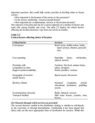 important questions that would help service provider in deciding where to locate 
service: 
• How important is the location of the service to the customers? 
• Is the service, technology - based or people-based? 
• How important are complementary services to the location decision? 
The selection of location and site for a service depends on a number of factors and 
trade offs among benefits and costs. The table 2.2 depicts the critical factors 
affecting the location decisions, vary from one service to another. 
Table 2.2 
Critical factors affecting choice of location 
Critical factor Services 
Convenience Retail stores, health centres, banks, 
repair services, theatres, personal 
care. 
Cost operating Speciality shops, wholesalers, 
clerical services. 
Proximity with Furniture, fast food, antique shops, 
competition to share tailors, designers. 
Support system availability 
Hotels, jewellers, tourism. 
Geographic of environ- Beach resorts, Ski resorts 
mental factors 
Business climate Insurance companies, private 
educational institutions, gambling 
resorts. 
Communication networks Banks, financial services. 
Transport facilities Mail order houses, couriers, ware 
houses. 
(ii) Channels through which services are provided: 
The second decision variable in the distribution strategy is whether to sell directly 
to the customers or through intermediaries. Traditionally it has been argued that 
direct sales are the most appropriate form of distribution for services. Whilst this 
 