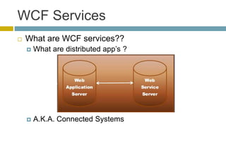 WCF Services
 What are WCF services??
 What are distributed app’s ?
 A.K.A. Connected Systems
 