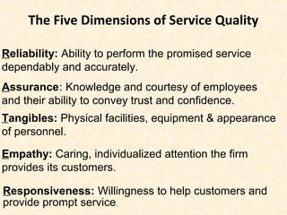 The Five Dimensions of Service Quality
Tangibles: Physical facilities, equipment & appearance
of personnel.
Reliability: Ability to perform the promised service
dependably and accurately.
Assurance: Knowledge and courtesy of employees
and their ability to convey trust and confidence.
Empathy: Caring, individualized attention the firm
provides its customers.
Responsiveness: Willingness to help customers and
provide prompt service.
 