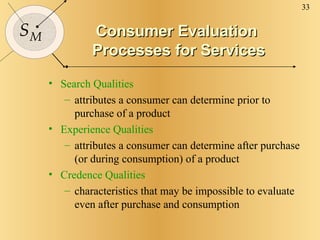 Consumer Evaluation  Processes for Services <ul><li>Search Qualities </li></ul><ul><ul><li>attributes a consumer can deter...