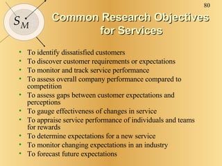 Common Research Objectives  for Services <ul><li>To identify dissatisfied customers </li></ul><ul><li>To discover customer...